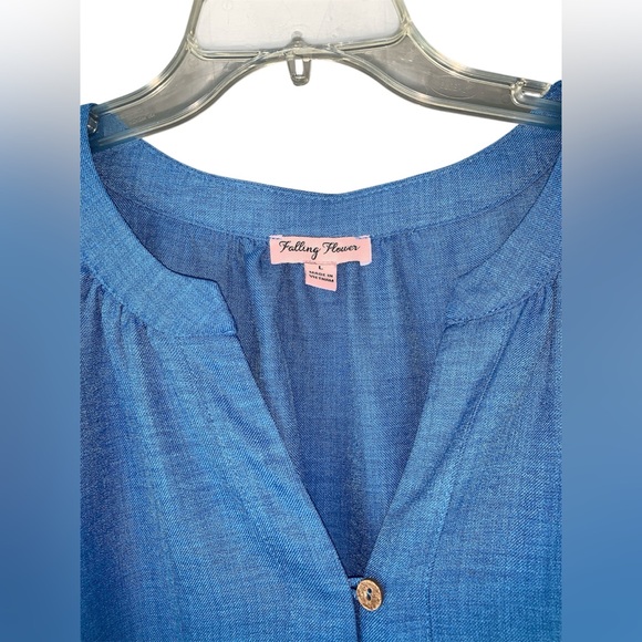 Falling Flower Blue Belted Button Up Short Sleeve Shirt Dress Size Large - Picture 2 of 6